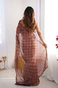 Brown Nc Chiffon Chex With Cutdana Border Lace Saree With Blouse Piece
