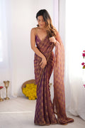Brown Nc Chiffon Chex With Cutdana Border Lace Saree With Blouse Piece