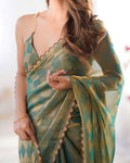Green Nc Chiffon Chex With Cutdana Border Lace Saree With Blouse Piece