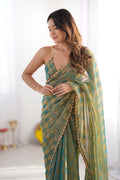 Green Nc Chiffon Chex With Cutdana Border Lace Saree With Blouse Piece