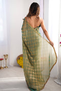 Green Nc Chiffon Chex With Cutdana Border Lace Saree With Blouse Piece