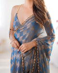 Blue Nc Chiffon Chex With Cutdana Border Lace Saree With Blouse Piece