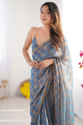 Blue Nc Chiffon Chex With Cutdana Border Lace Saree With Blouse Piece