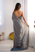 Blue Nc Chiffon Chex With Cutdana Border Lace Saree With Blouse Piece