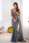 Blue Nc Chiffon Chex With Cutdana Border Lace Saree With Blouse Piece