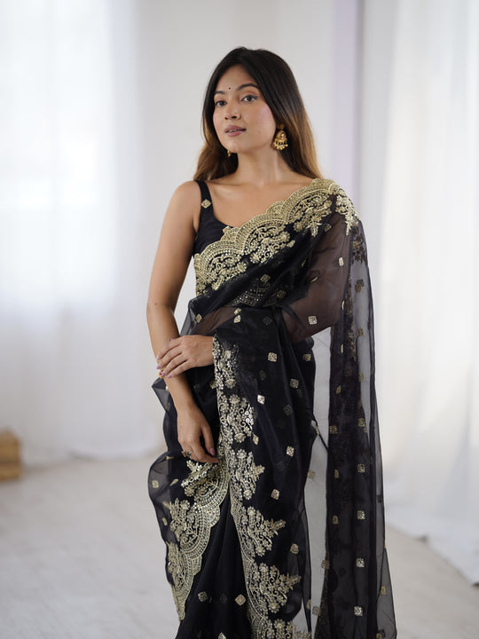 Black Pure Soft Twill Net Sequins Embroidery Work Saree With Blouse Piece