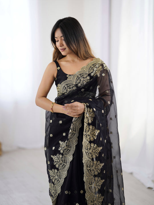 Black Pure Soft Twill Net Sequins Embroidery Work Saree With Blouse Piece