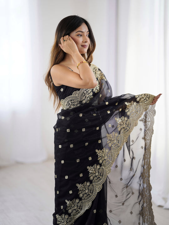 Black Pure Soft Twill Net Sequins Embroidery Work Saree With Blouse Piece