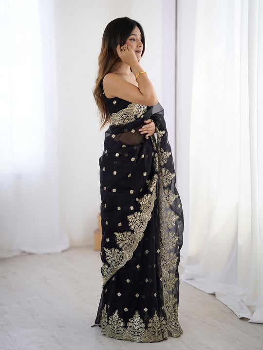 Black Pure Soft Twill Net Sequins Embroidery Work Saree With Blouse Piece