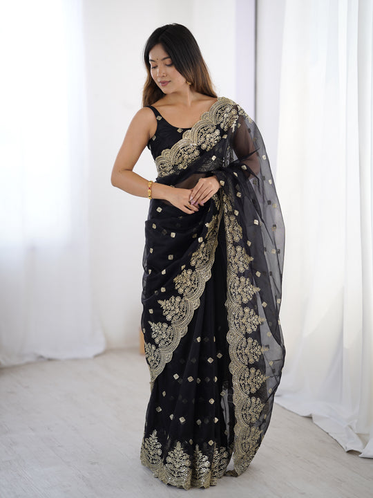 Black Pure Soft Twill Net Sequins Embroidery Work Saree With Blouse Piece