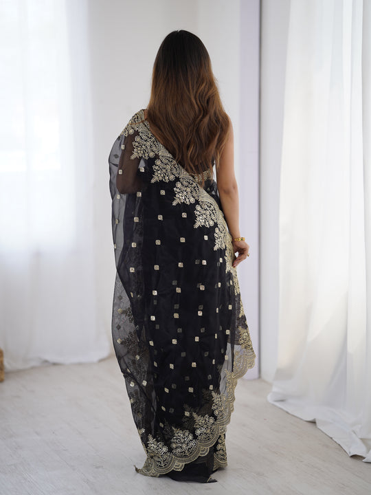 Black Pure Soft Twill Net Sequins Embroidery Work Saree With Blouse Piece