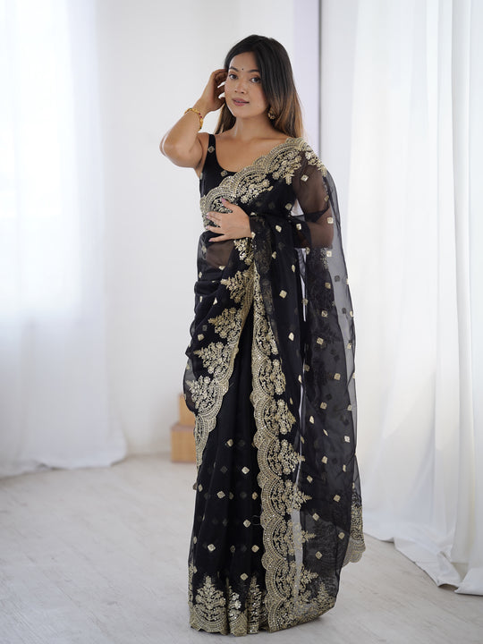Black Pure Soft Twill Net Sequins Embroidery Work Saree With Blouse Piece