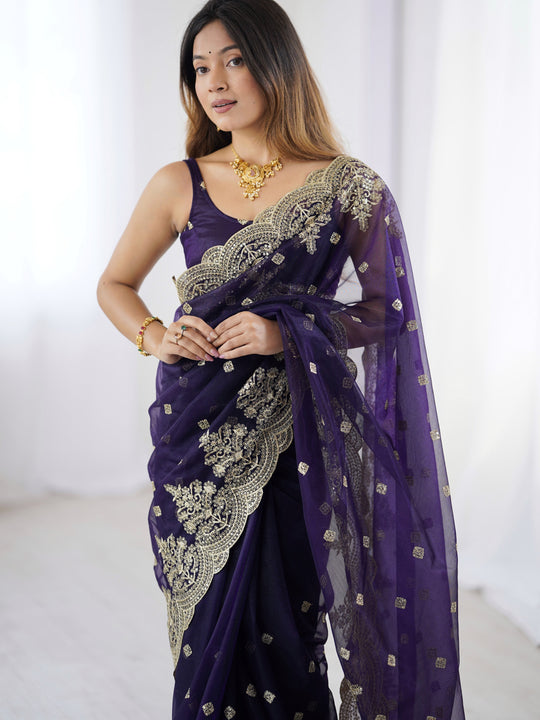 Blue Pure Soft Twill Net Sequins Embroidery Work Saree With Blouse Piece