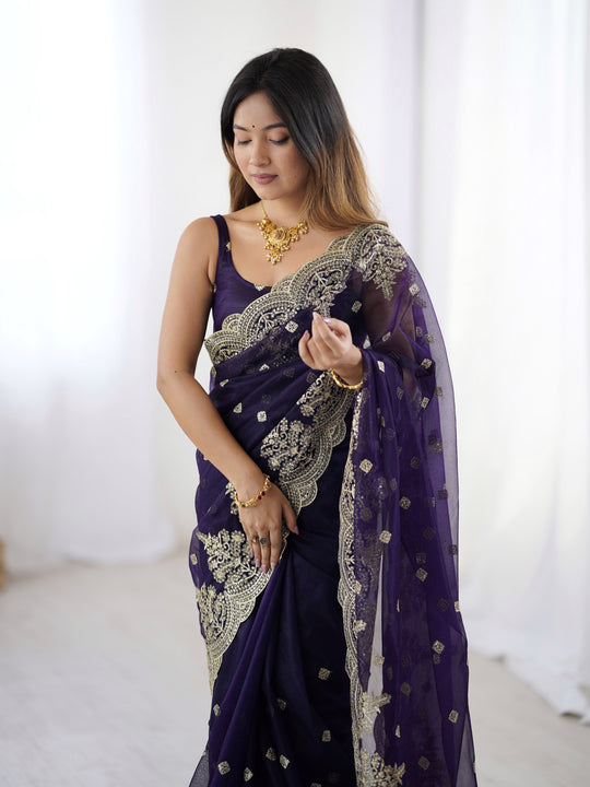 Blue Pure Soft Twill Net Sequins Embroidery Work Saree With Blouse Piece