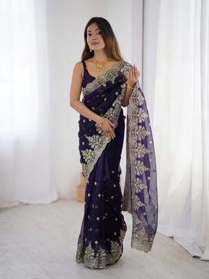 Blue Pure Soft Twill Net Sequins Embroidery Work Saree With Blouse Piece