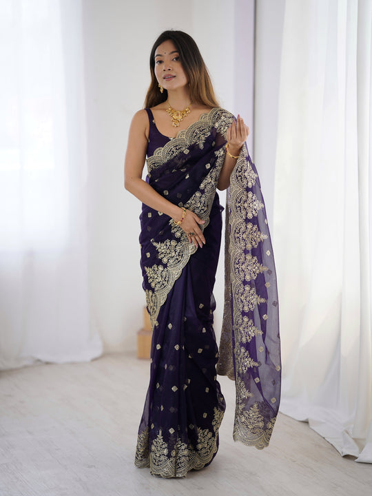 Blue Pure Soft Twill Net Sequins Embroidery Work Saree With Blouse Piece