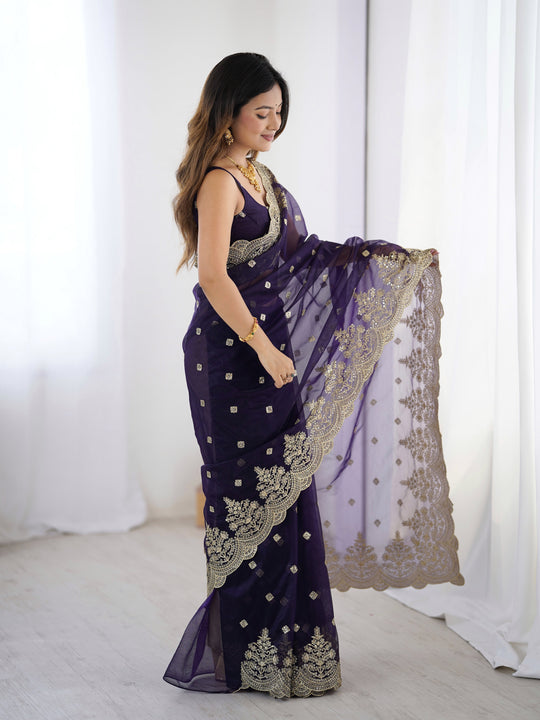 Blue Pure Soft Twill Net Sequins Embroidery Work Saree With Blouse Piece