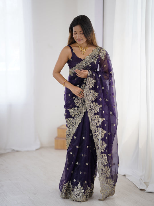 Blue Pure Soft Twill Net Sequins Embroidery Work Saree With Blouse Piece
