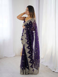 Blue Pure Soft Twill Net Sequins Embroidery Work Saree With Blouse Piece