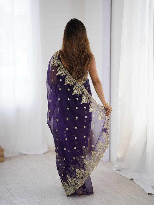 Blue Pure Soft Twill Net Sequins Embroidery Work Saree With Blouse Piece