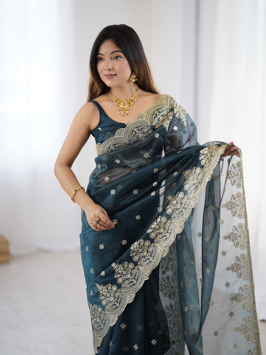 Teal Blue Pure Soft Twill Net Sequins Embroidery Work Saree With Blouse Piece