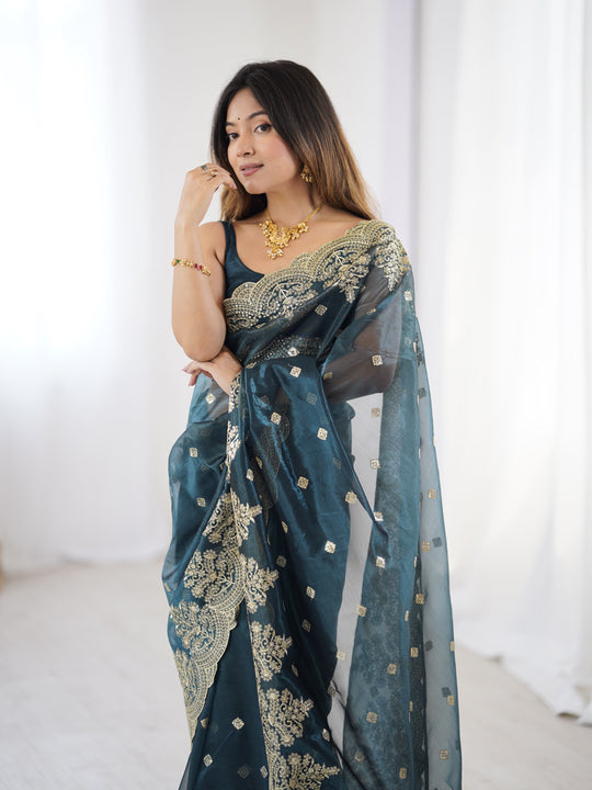 Teal Blue Pure Soft Twill Net Sequins Embroidery Work Saree With Blouse Piece