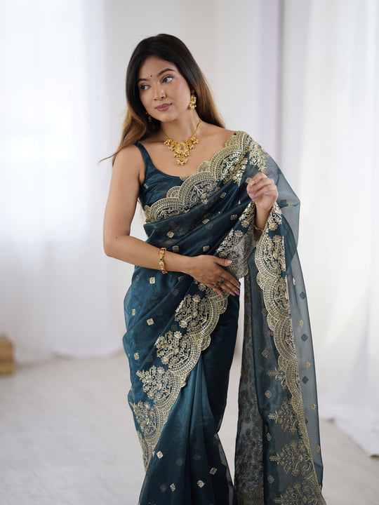 Teal Blue Pure Soft Twill Net Sequins Embroidery Work Saree With Blouse Piece