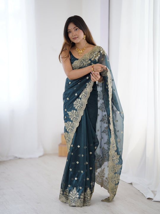 Teal Blue Pure Soft Twill Net Sequins Embroidery Work Saree With Blouse Piece