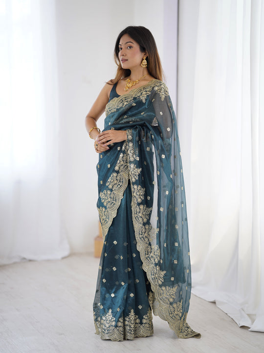 Teal Blue Pure Soft Twill Net Sequins Embroidery Work Saree With Blouse Piece