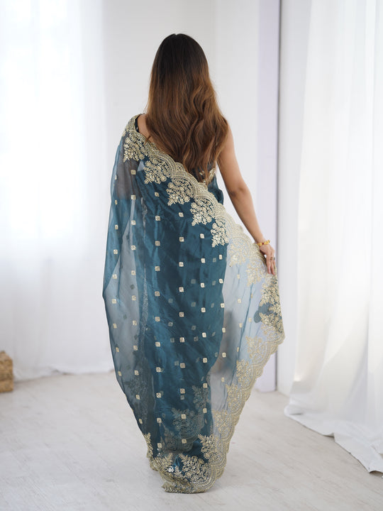 Teal Blue Pure Soft Twill Net Sequins Embroidery Work Saree With Blouse Piece