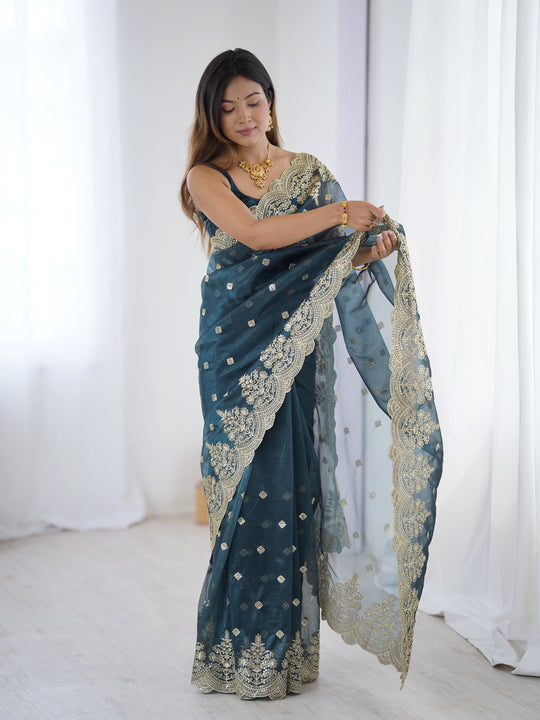 Teal Blue Pure Soft Twill Net Sequins Embroidery Work Saree With Blouse Piece