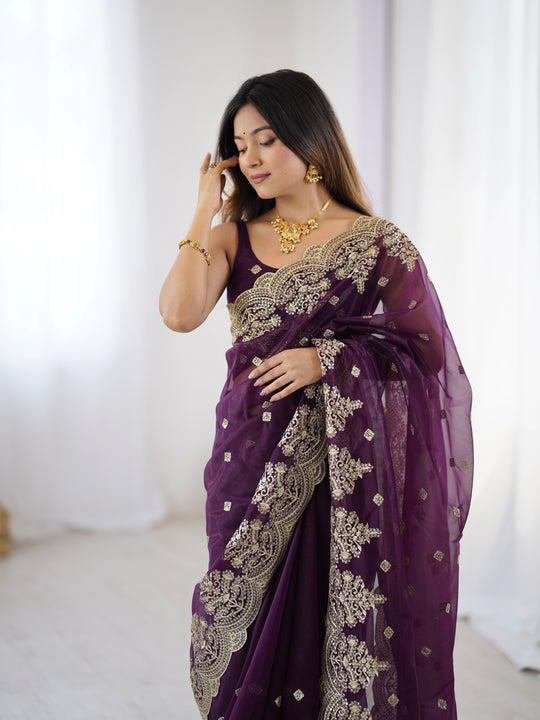 Purple Pure Soft Twill Net Sequins Embroidery Work Saree With Blouse Piece