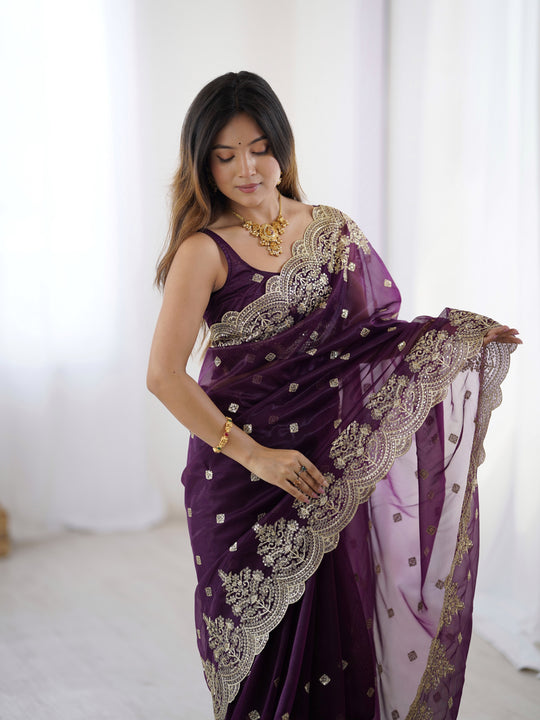 Purple Pure Soft Twill Net Sequins Embroidery Work Saree With Blouse Piece