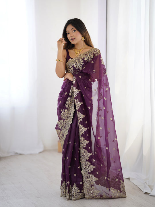 Purple Pure Soft Twill Net Sequins Embroidery Work Saree With Blouse Piece