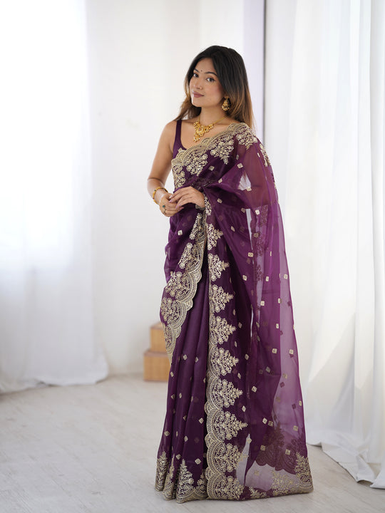 Purple Pure Soft Twill Net Sequins Embroidery Work Saree With Blouse Piece