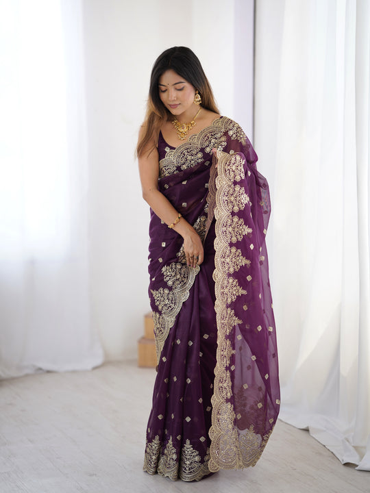 Purple Pure Soft Twill Net Sequins Embroidery Work Saree With Blouse Piece