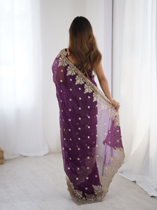 Purple Pure Soft Twill Net Sequins Embroidery Work Saree With Blouse Piece