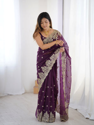 Purple Pure Soft Twill Net Sequins Embroidery Work Saree With Blouse Piece