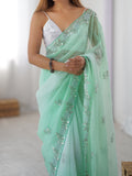 Sea Green Chiffon Shaded Crush Sequins And Moti And Cutdana Work Saree With Blouse Piece