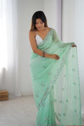 Sea Green Chiffon Shaded Crush Sequins And Moti And Cutdana Work Saree With Blouse Piece