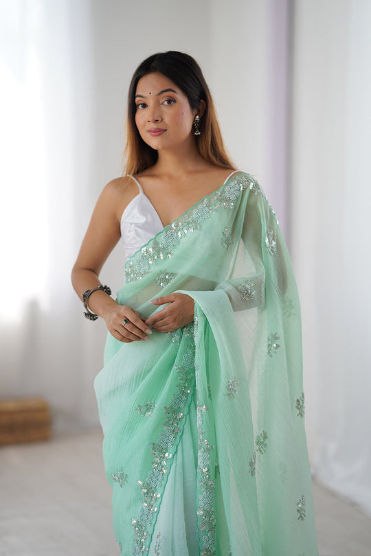 Sea Green Chiffon Shaded Crush Sequins And Moti And Cutdana Work Saree With Blouse Piece