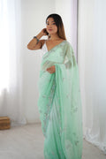 Sea Green Chiffon Shaded Crush Sequins And Moti And Cutdana Work Saree With Blouse Piece