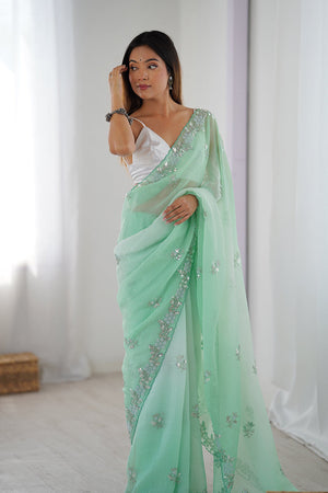 Sea Green Chiffon Shaded Crush Sequins And Moti And Cutdana Work Saree With Blouse Piece