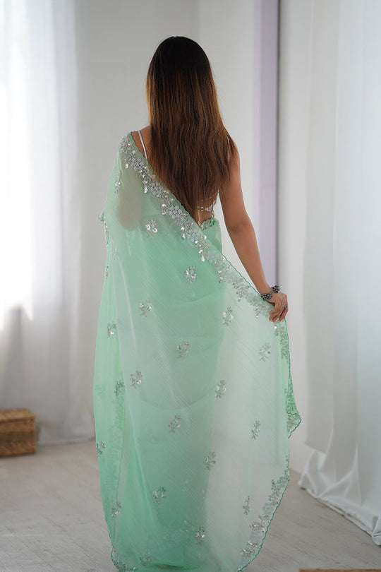 Sea Green Chiffon Shaded Crush Sequins And Moti And Cutdana Work Saree With Blouse Piece