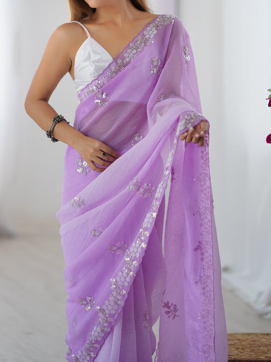 Lavender Chiffon Shaded Crush Sequins And Moti And Cutdana Work Saree With Blouse Piece