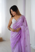 Lavender Chiffon Shaded Crush Sequins And Moti And Cutdana Work Saree With Blouse Piece