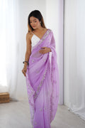Lavender Chiffon Shaded Crush Sequins And Moti And Cutdana Work Saree With Blouse Piece