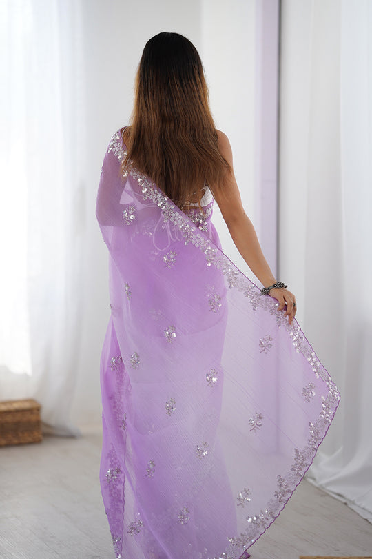 Lavender Chiffon Shaded Crush Sequins And Moti And Cutdana Work Saree With Blouse Piece