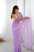 Lavender Chiffon Shaded Crush Sequins And Moti And Cutdana Work Saree With Blouse Piece