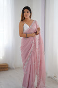 Light Pink Chiffon Shaded Crush Sequins And Moti And Cutdana Work Saree With Blouse Piece